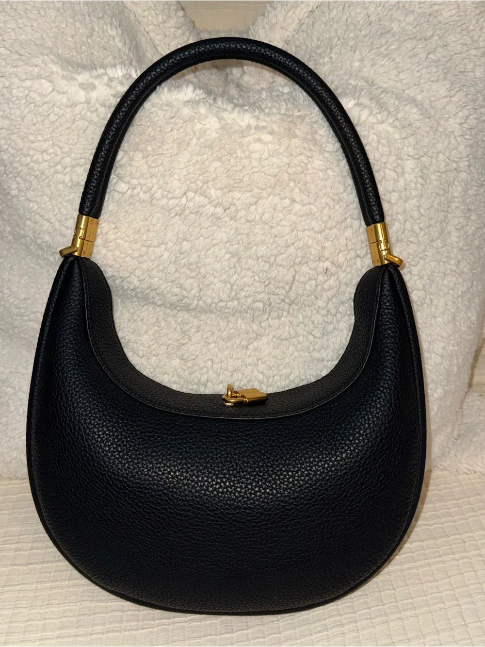 Songmont Luna Black Pebble Leather Crescent Shoulder Bag with Gold Hardware